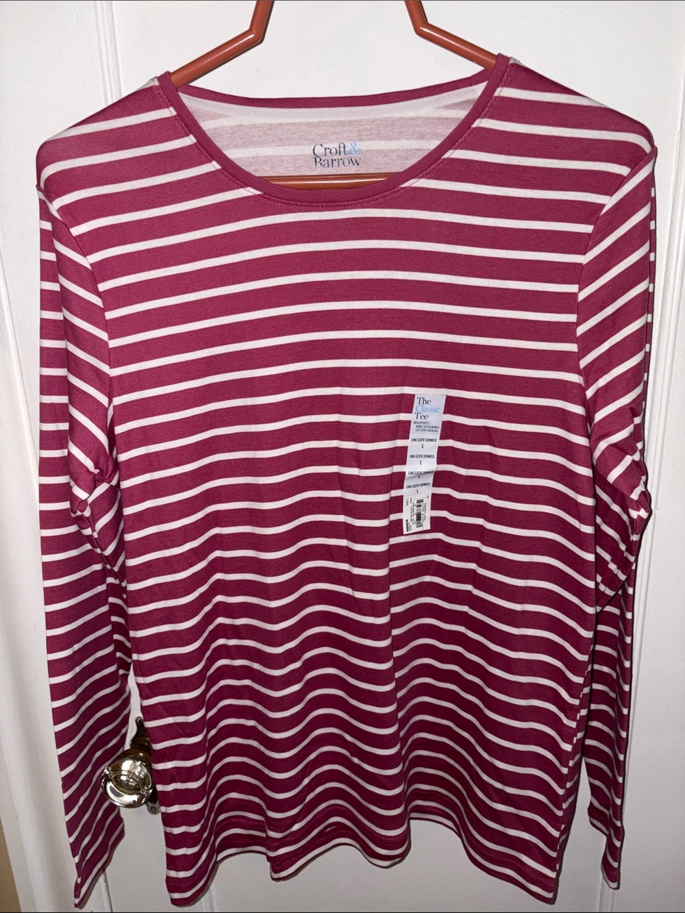 NWT Women's Long-Sleeve Striped Crewneck in Berry and White Size Large